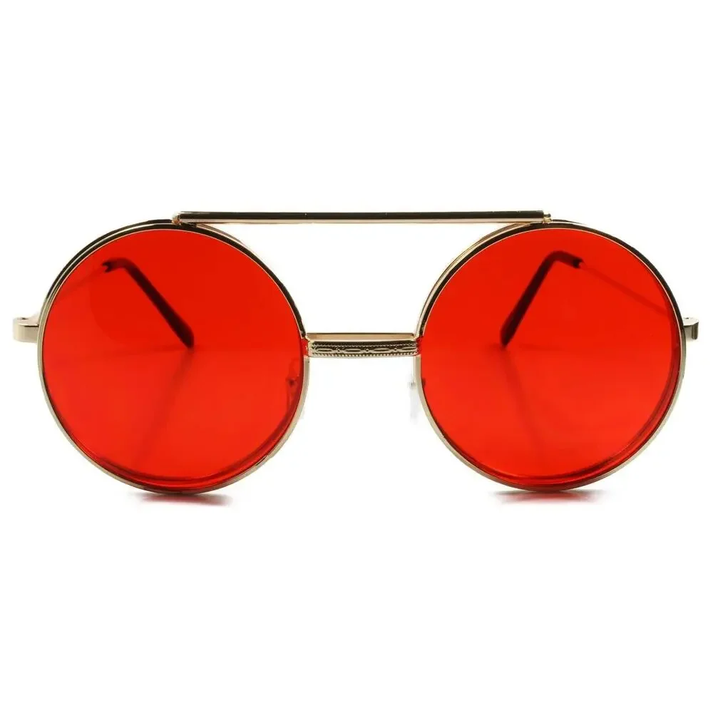 Vintage Retro Funky Steampunk Mens Womens Gold Red Lens Round Circle Sun Glasses